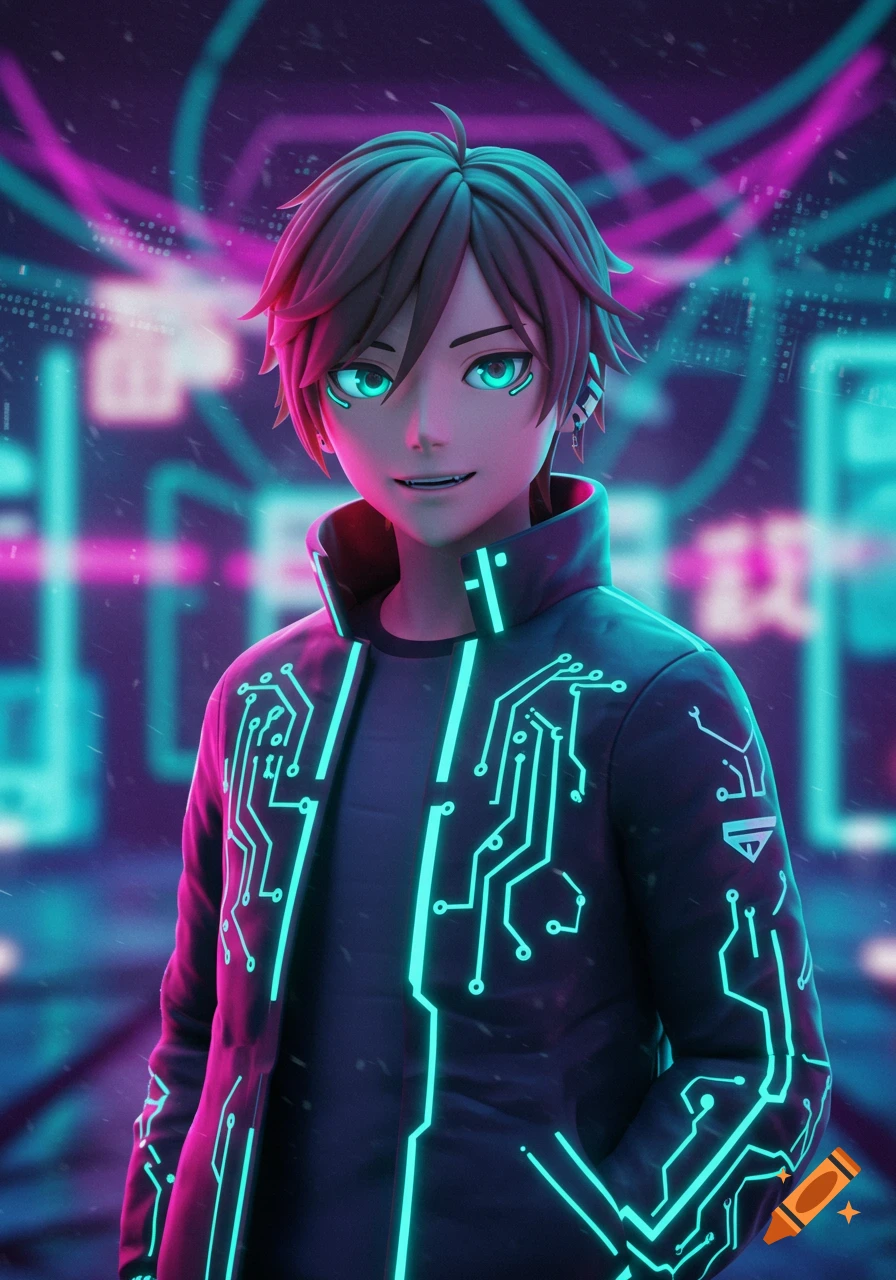 Anime-style young man with glowing teal eyes and circuit patterns on his jacket, standing in a vibrant neon cyberpunk city at night.