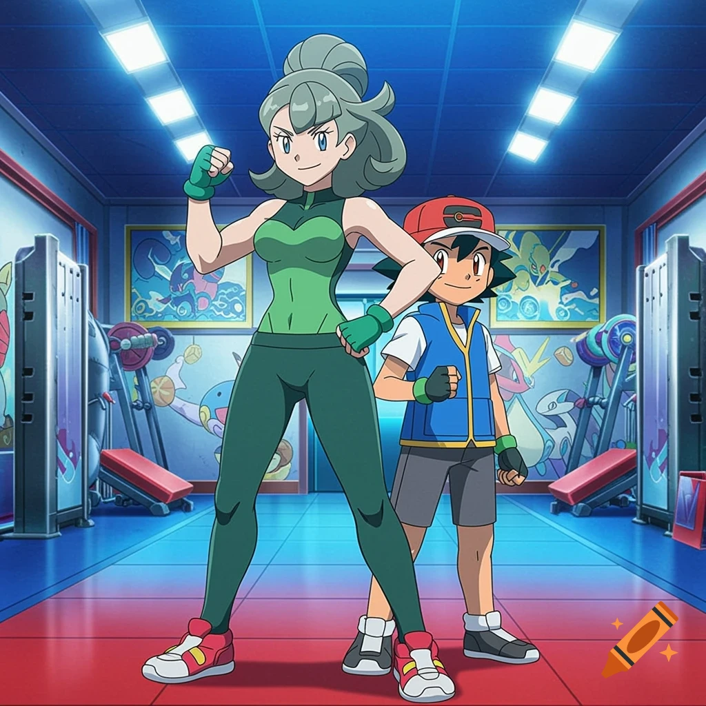 An anime woman in green athletic wear flexes her arm next to Ash Ketchum in a gym setting.