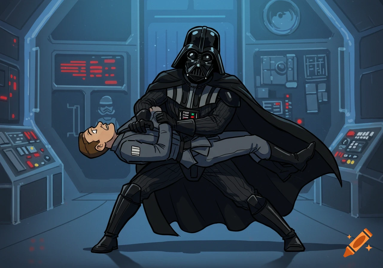 Cartoon Darth Vader chokes an Imperial officer in a spaceship control room.
