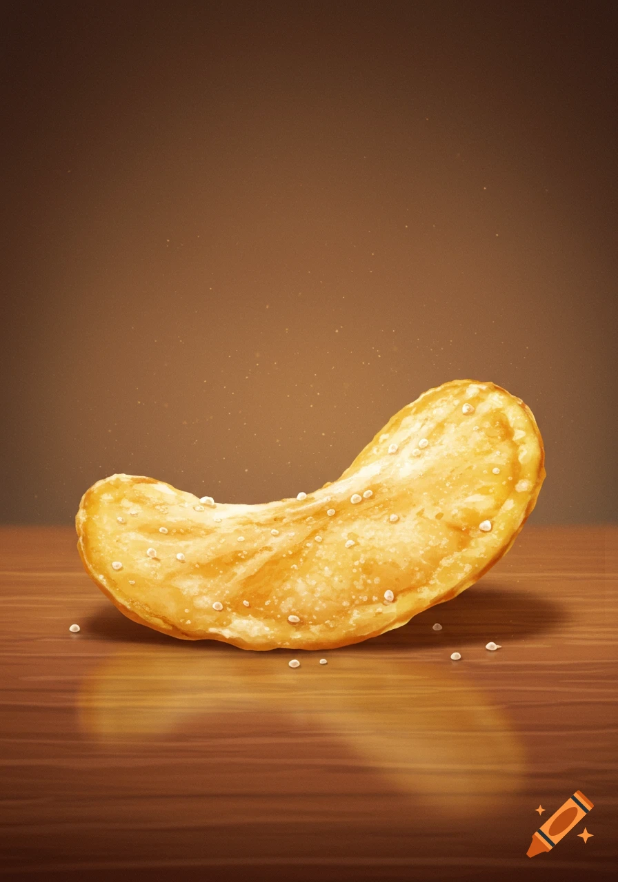 A realistic illustration of a golden brown potato chip with salt on a wooden table.