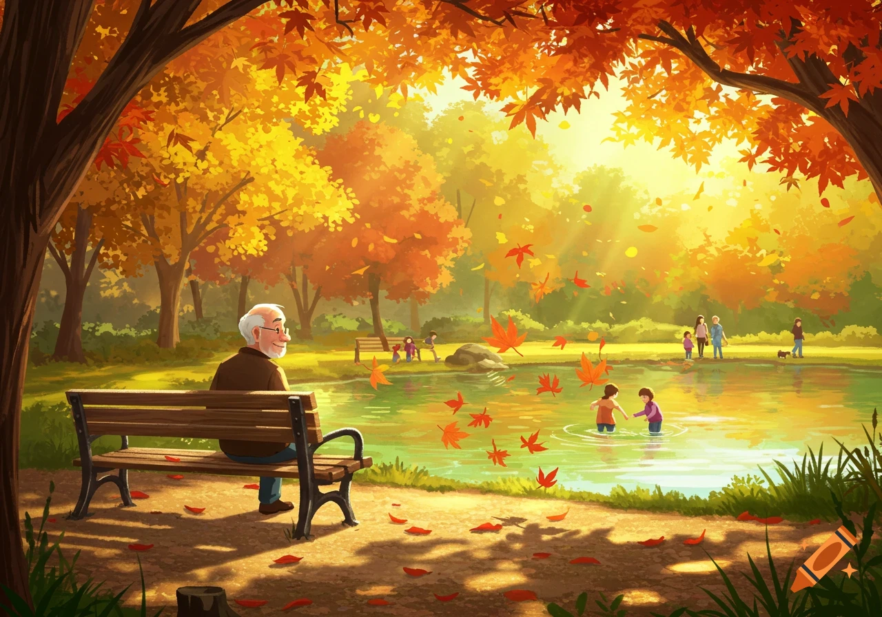 A vibrant autumn park illustration with an old man on a bench, children playing in a pond, and falling red and yellow leaves.