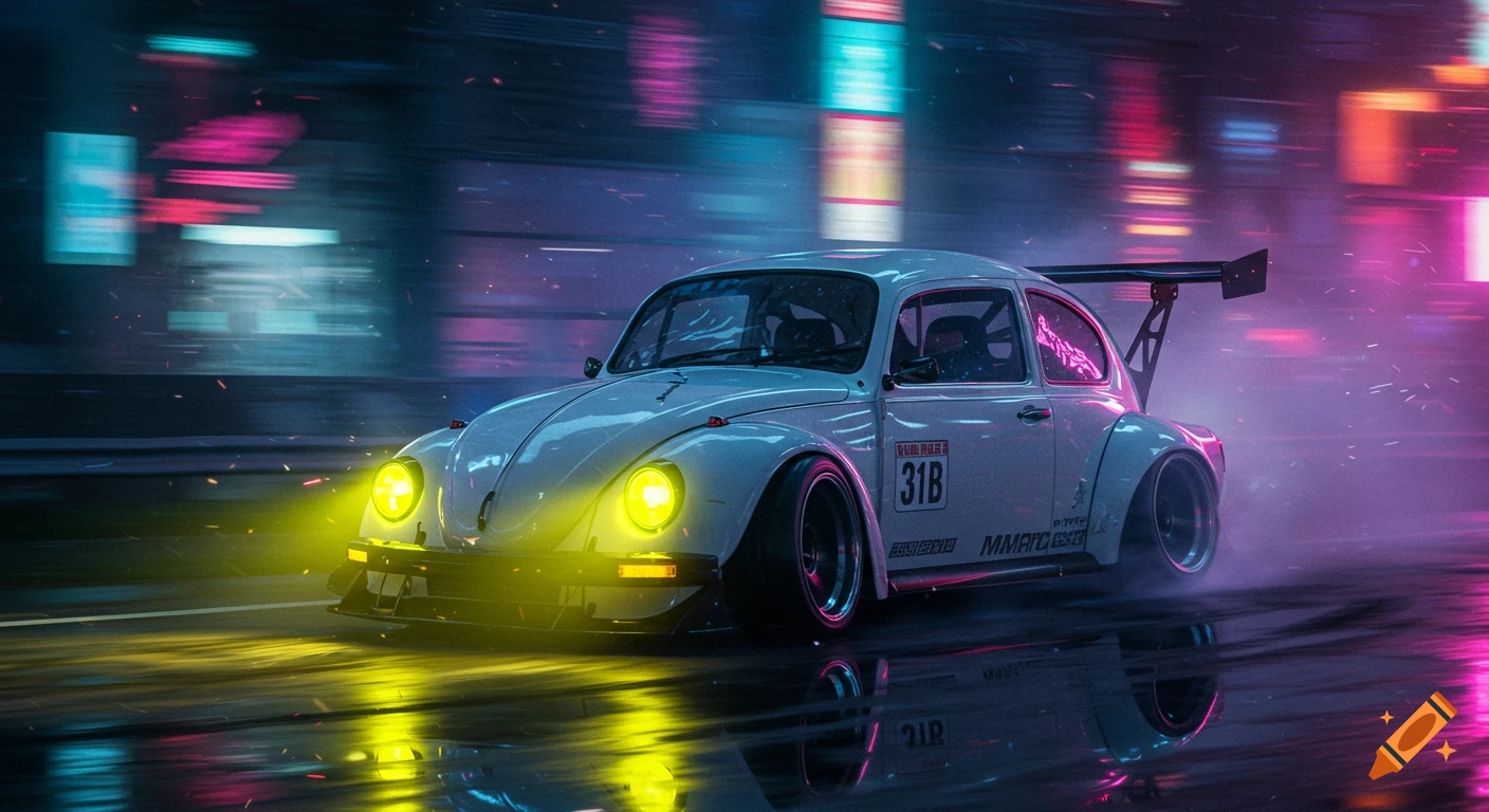 White modified VW racing Beetle with yellow headlights on a wet city street at night, with neon reflections and motion blur.