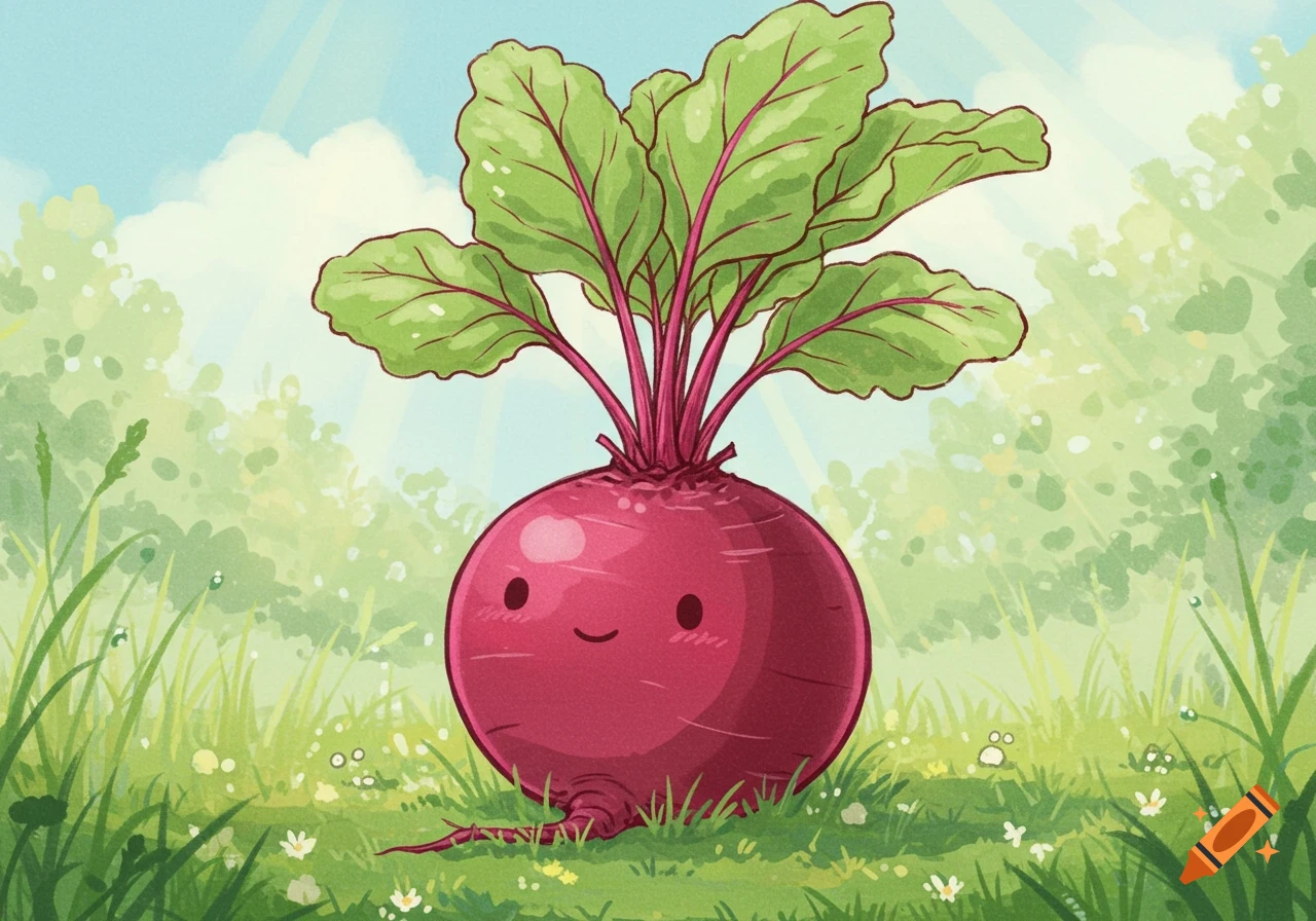 A cute, smiling beet with green leaves stands in a sunny, grassy field, in a hand-drawn, Studio Ghibli style.