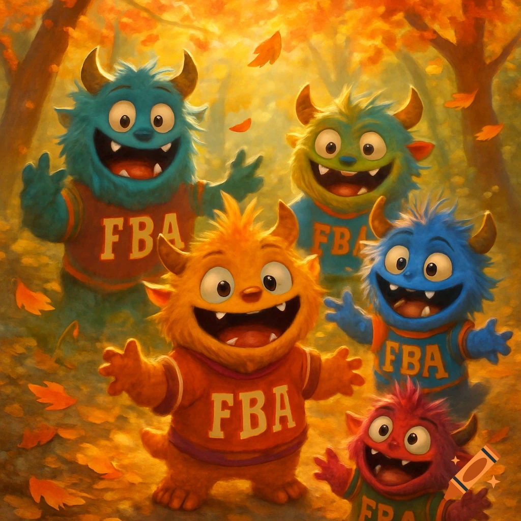 Five happy, colorful cartoon monsters in FBA jerseys stand in an autumn forest with falling leaves.