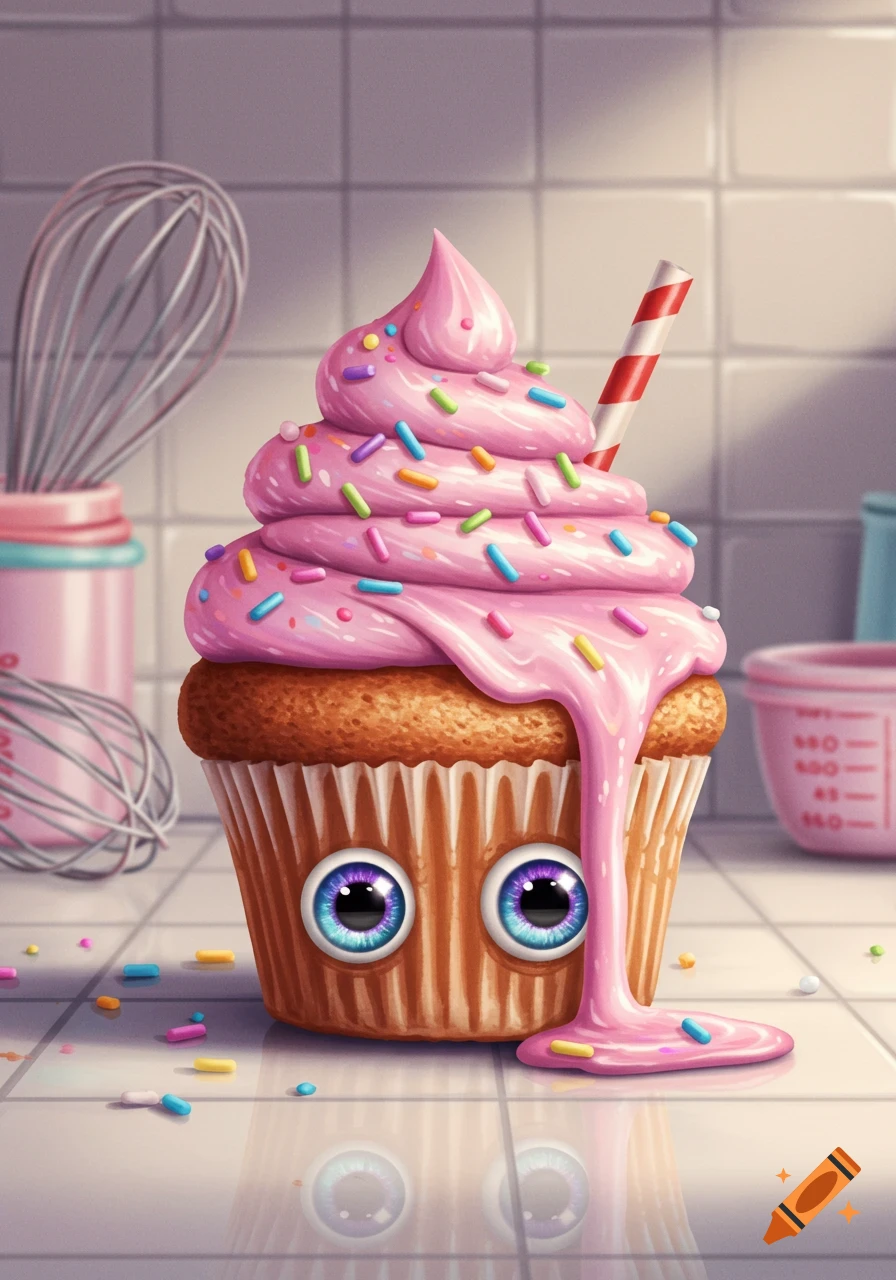 A cute anthropomorphic cupcake with large eyes, pink melting frosting, sprinkles, and a straw on a tiled kitchen counter.