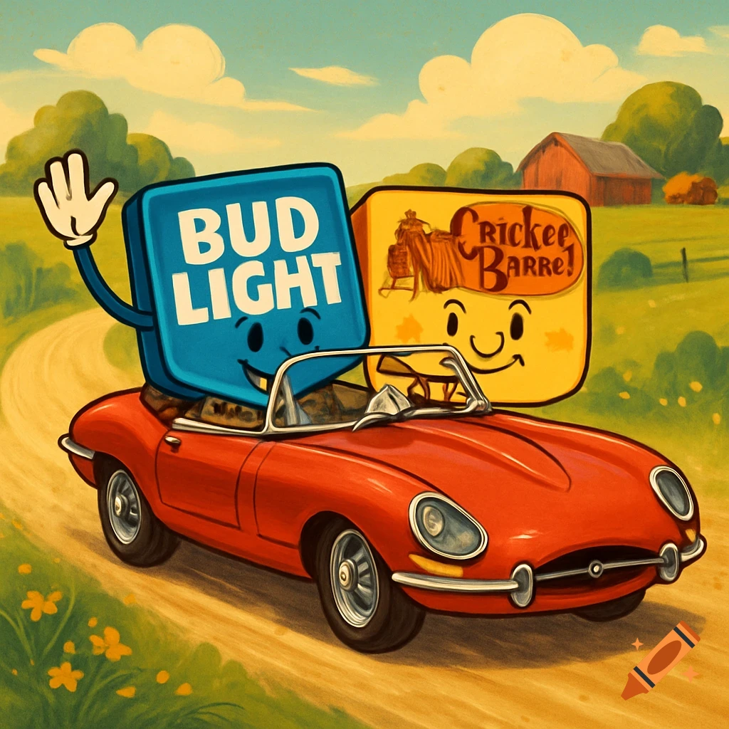 Cartoon Bud Light and garbled Cracker Barrel logos with faces, riding in a red classic convertible car through a sunny rural landscape with a barn.