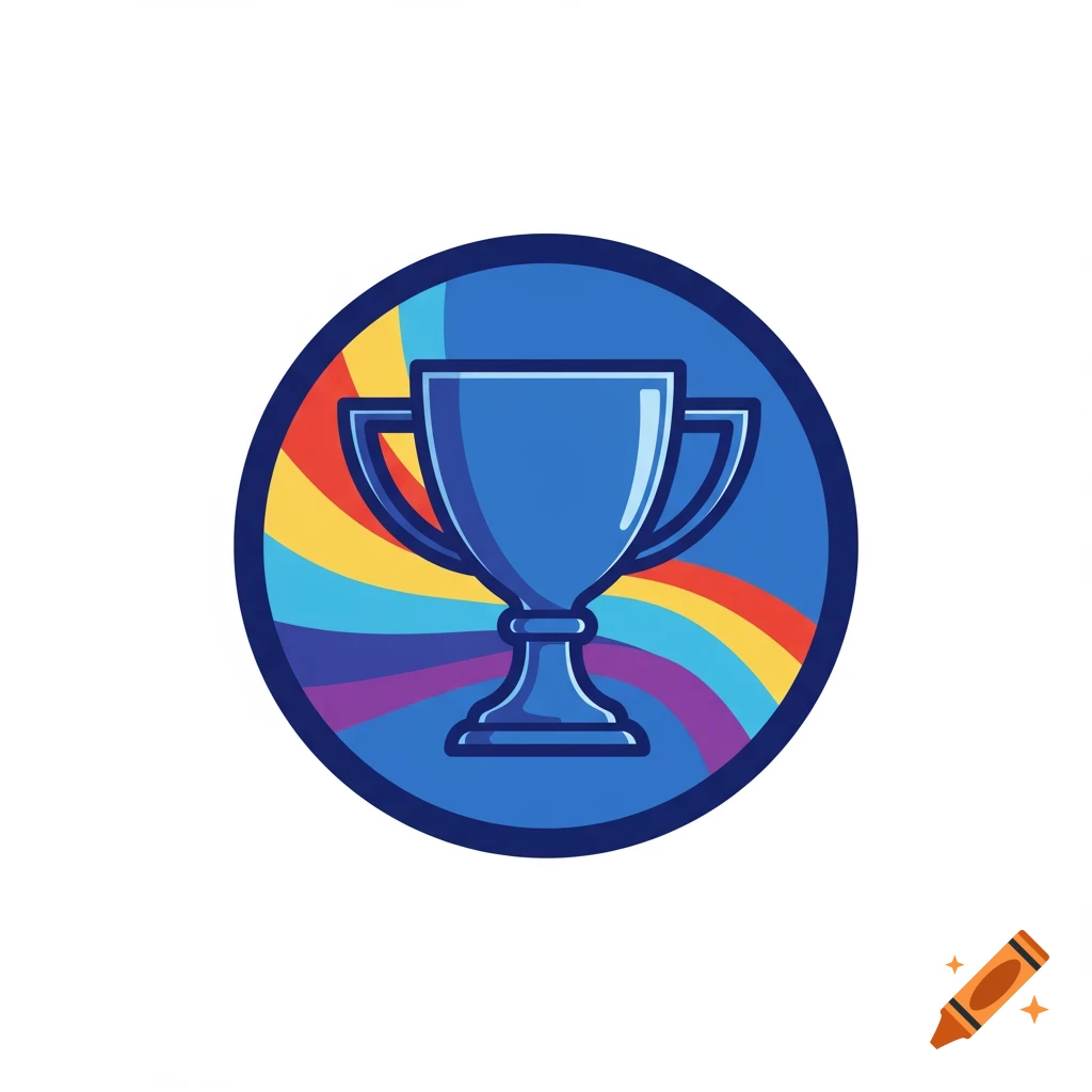 A blue trophy in a round vector icon with rainbow stripes in the background.