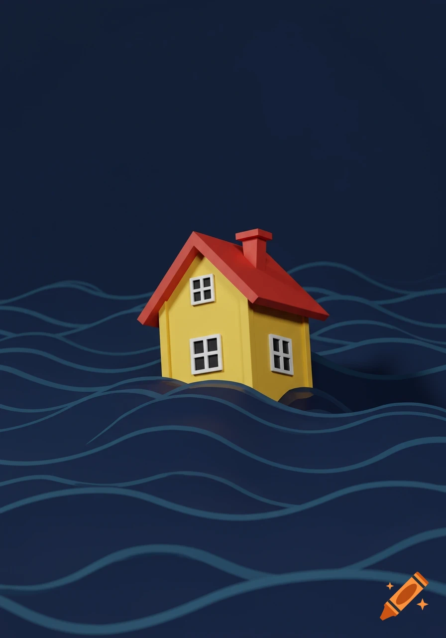 Simple illustration of a yellow house with a red roof tilted and partially submerged in dark blue waves.