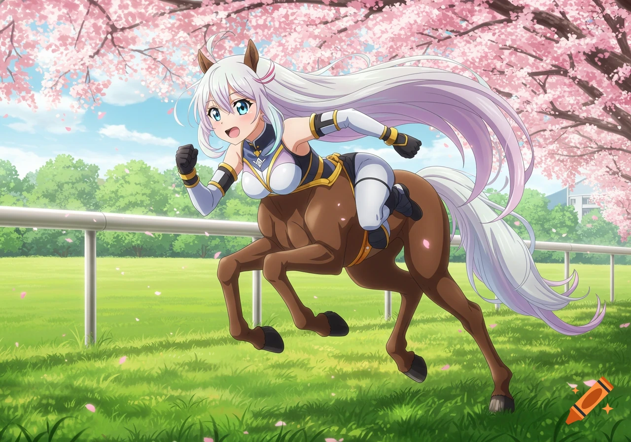 An anime horse girl with long white hair and a cheerful expression running on a green race track lined with cherry blossom trees.