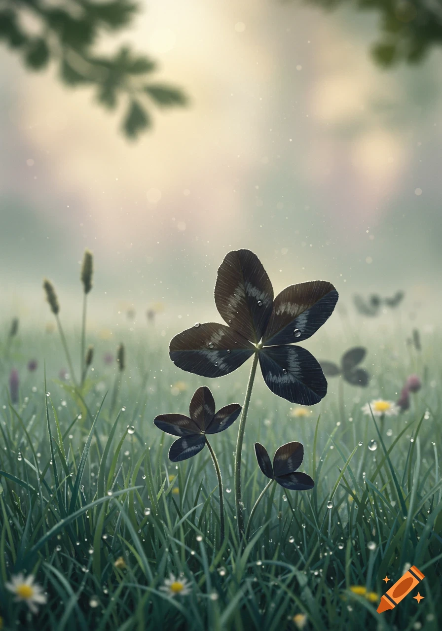 Close-up of dark four-leaf clovers with dew drops in a lush, dewy green field, bathed in soft, diffused light.