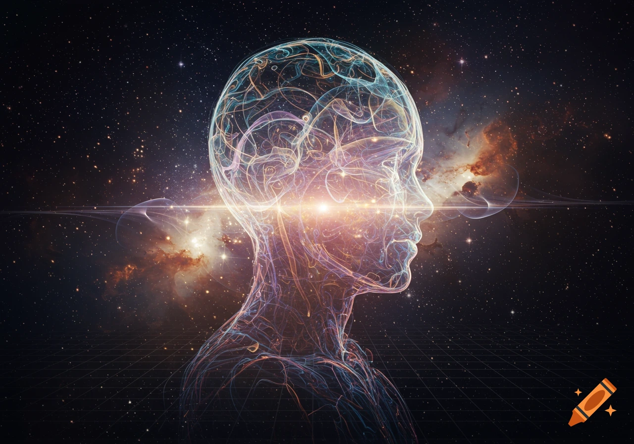 Luminous, abstract human head and upper body formed by swirling light and lines, against a dark starry cosmic background with colorful nebulae.