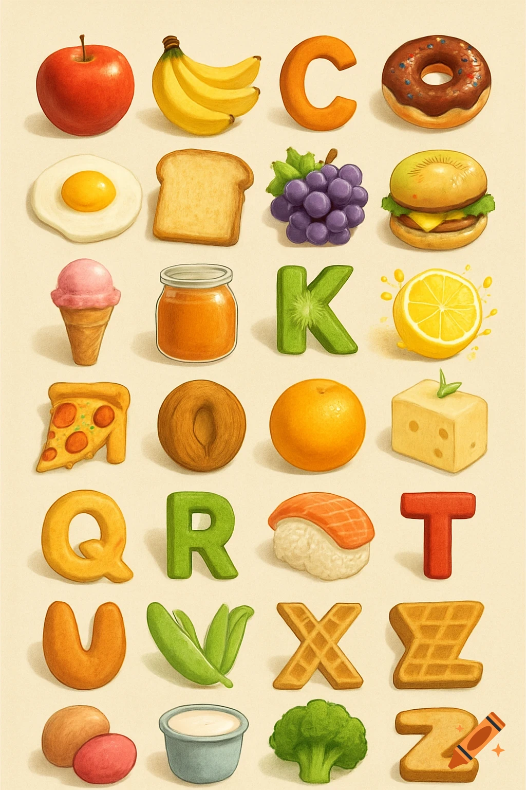 A colorful drawn grid of various food items, some shaped like letters, representing the alphabet. Includes an apple, bananas, donut, fried egg, grapes, hamburger, ice cream, jam, lemon, pizza, orange, cheese, sushi, broccoli, and alphabet letters like C, K, R, T, X, Z.