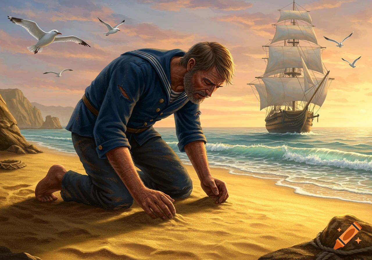 A grizzled 1800s sailor kneels on a sunlit beach, touching the sand, with a large sailing ship and seagulls at sunset, painted style.
