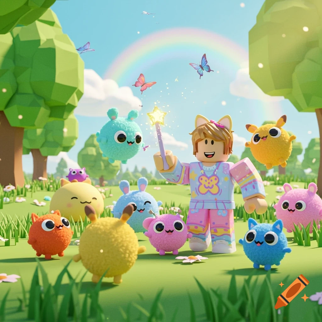 A Roblox avatar girl with cat ears and pastel clothes holds a magic wand surrounded by many fuzzy, colorful pets in a sunny field with a rainbow.
