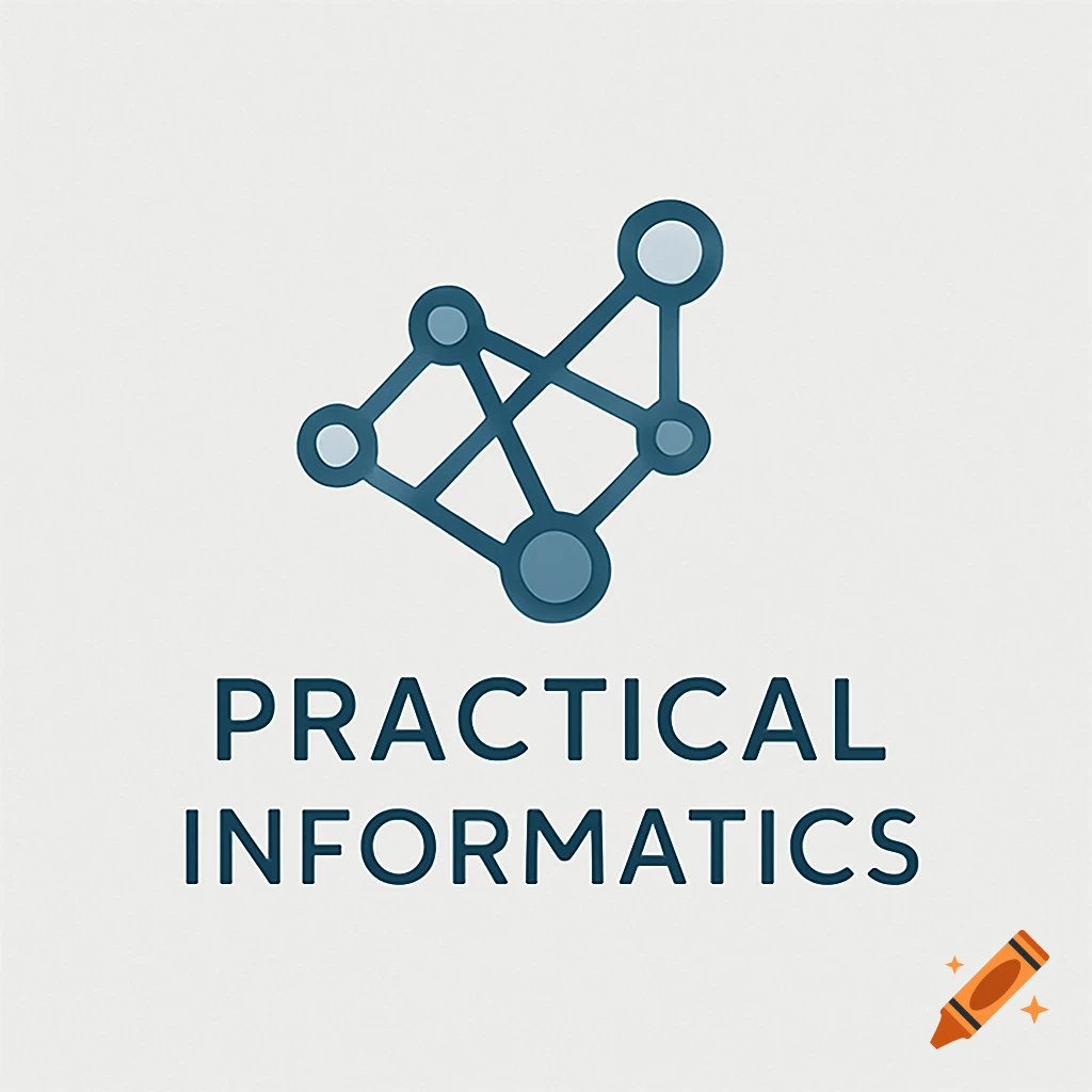 A modern blue logo featuring a connected network of nodes above the text 'PRACTICAL INFORMATICS' on a light background.