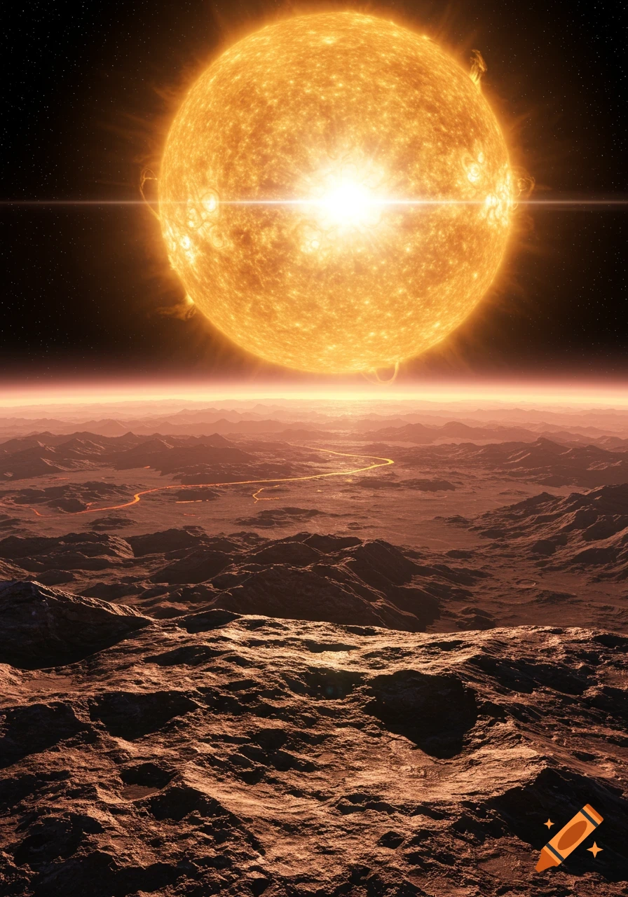 A massive, glowing sun dominates the sky above a barren, rocky planetary landscape with a winding luminous river.