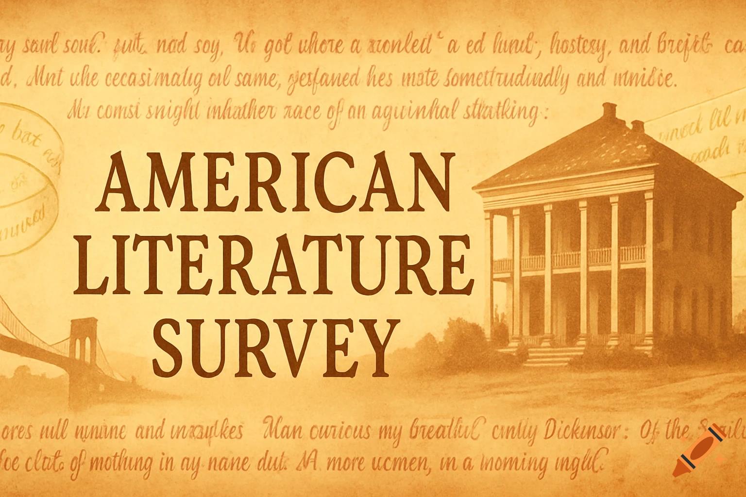 A sepia-toned banner for "American Literature Survey" with a plantation house, a bridge, and faint, illegible script in the background.