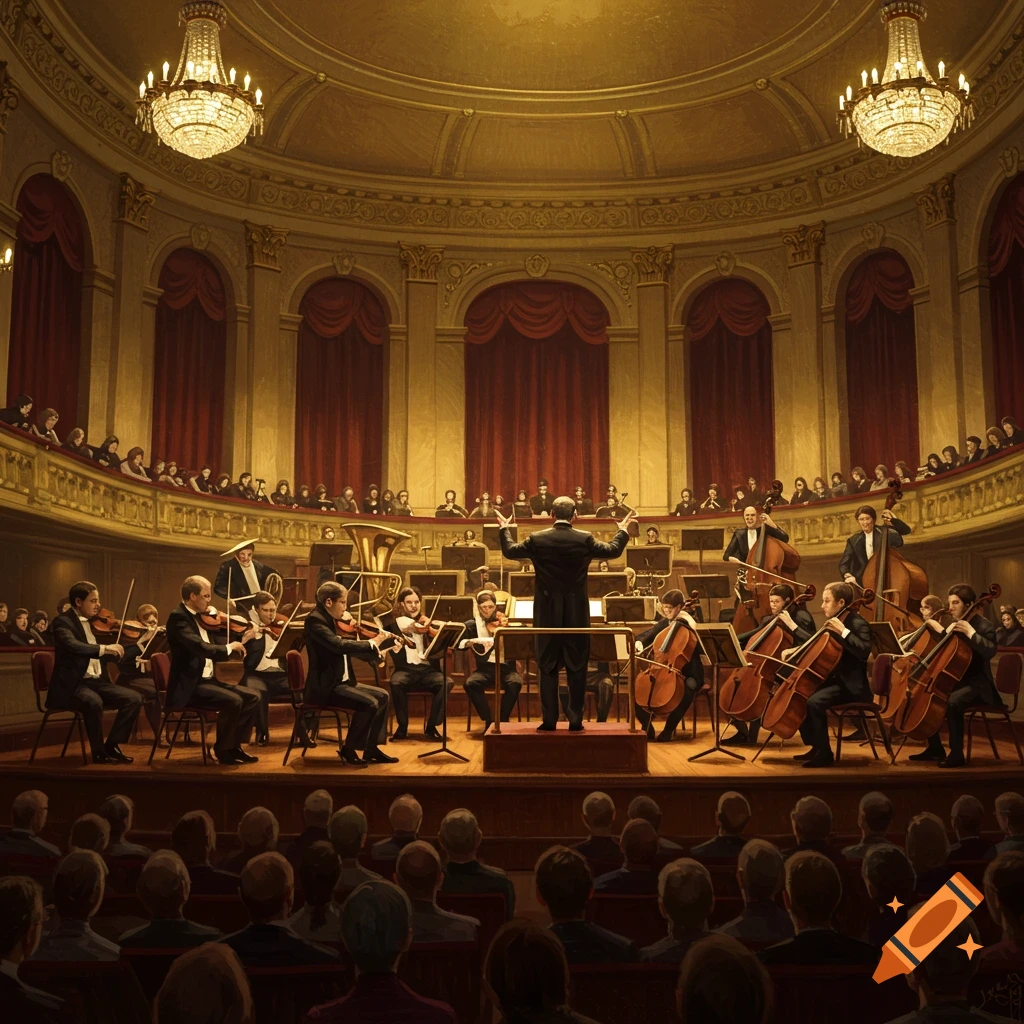 An orchestra performs classical music on a stage in a grand, ornate concert hall with an audience.