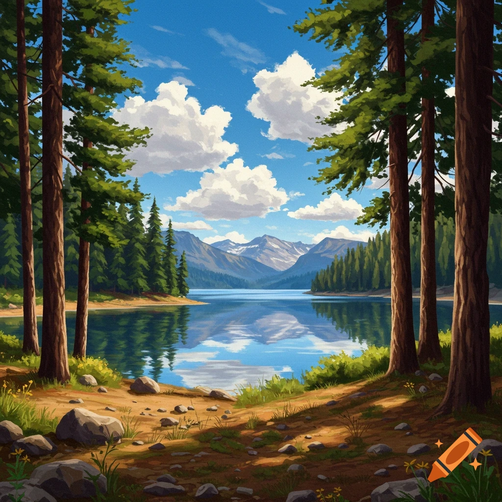Serene painterly landscape of a clear lake surrounded by tall pine trees and snow-capped mountains under a blue sky.