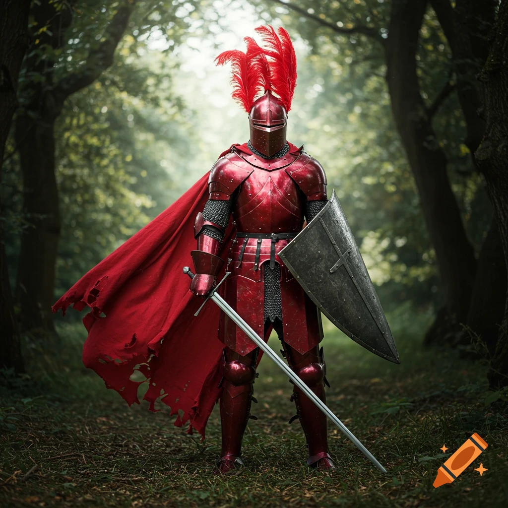 A photorealistic medieval knight in shiny red armor with red feathered helmet and torn red cape, wielding a sword and shield in a forest.