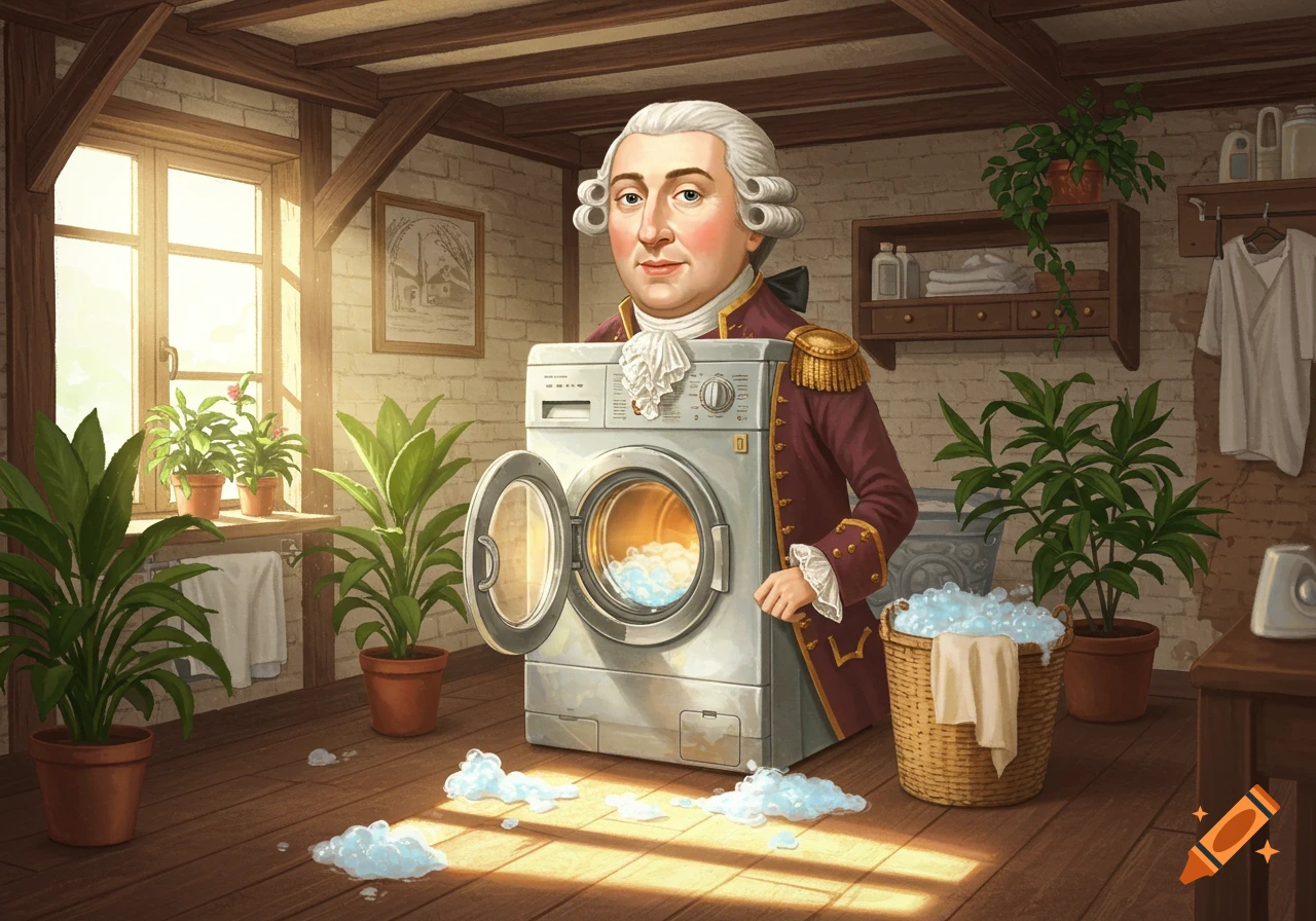 A man in a powdered wig and historical attire is fused with a washing machine in a rustic laundry room, with suds on the floor.