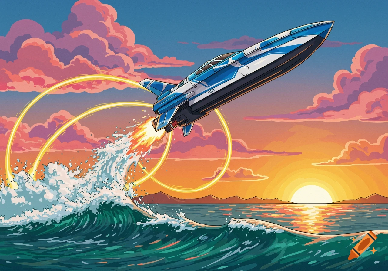 Cartoon blue and white speedboat launching from a green ocean wave into an orange sunset sky with pink clouds.