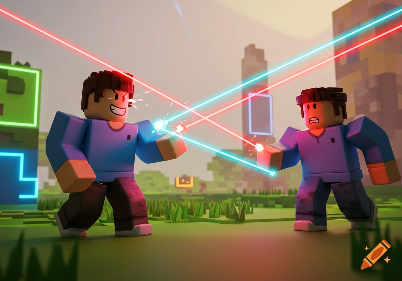 Two Roblox-style characters battle with eye and hand lasers in a blocky landscape.