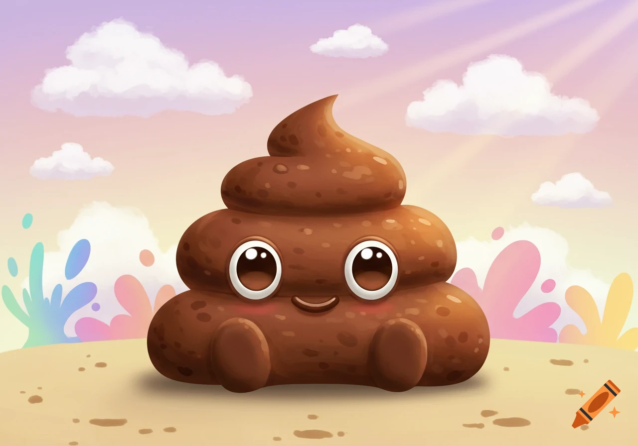 A cute, smiling cartoon poop character with big eyes on a sandy beach with a pastel sky and colorful splashes.