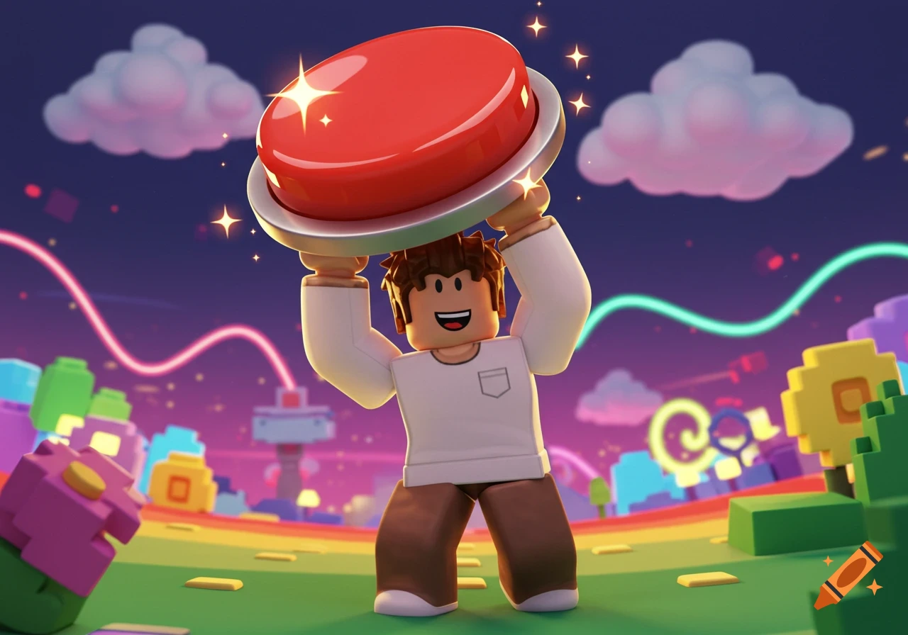 A smiling Roblox character holds a giant sparkling red button above his head in a colorful, blocky game world.