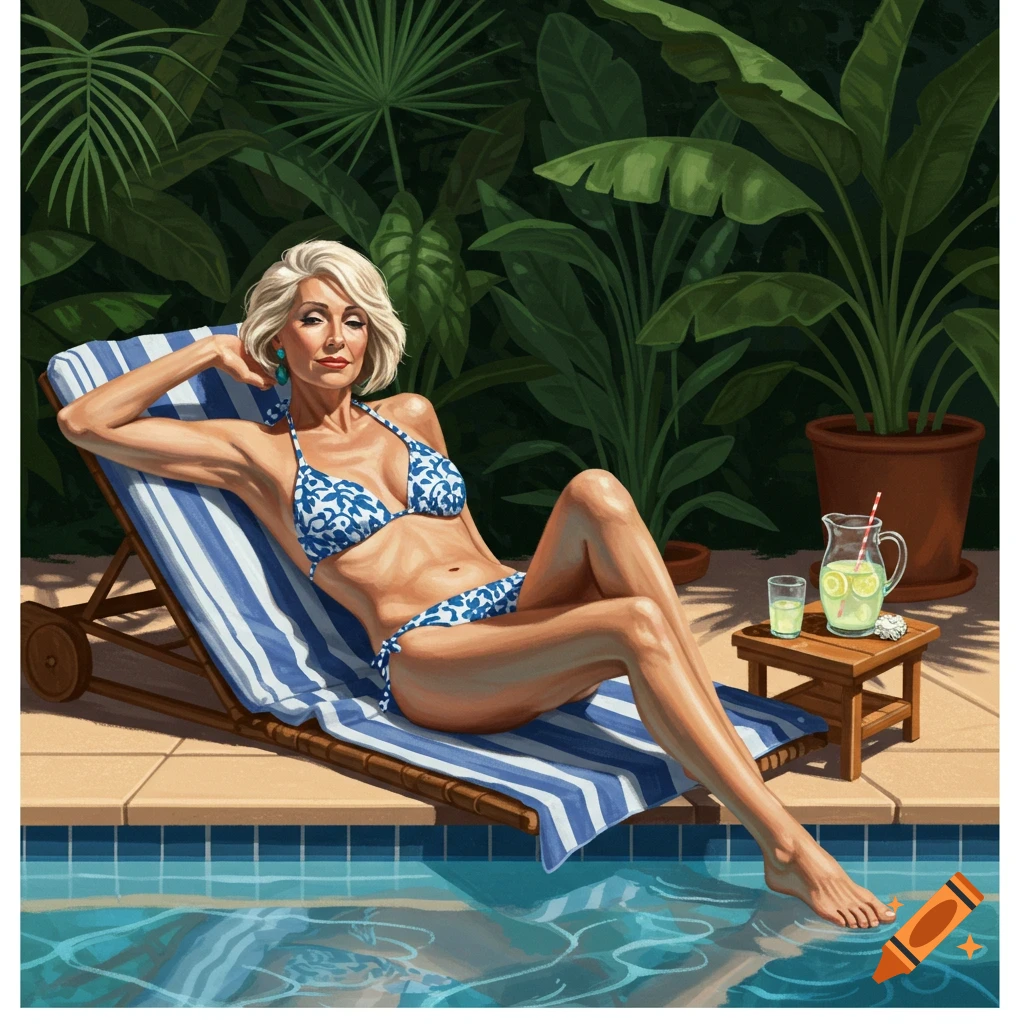 An illustration of a blonde older woman in a blue and white bikini relaxing on a lounge chair by a pool with tropical plants.