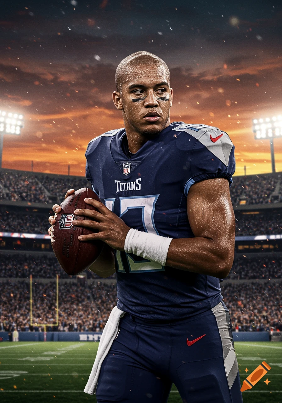 Photorealistic portrait of a bald African American football player in a navy Titans jersey, holding a football on a stadium field at sunset.