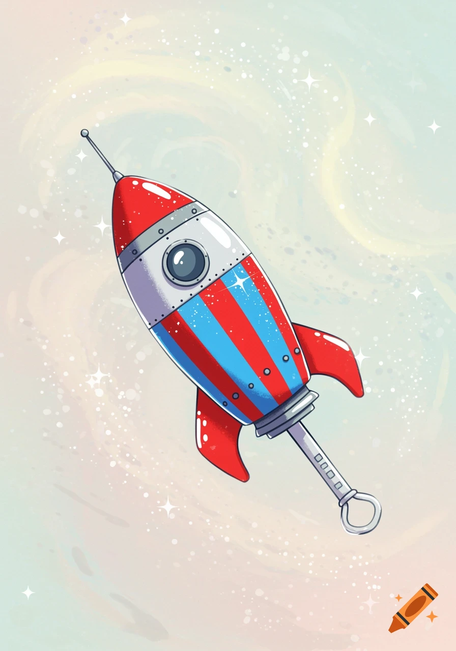Cartoon rocket, red, white, and blue with stripes, floating in a pastel starry space. Features an antenna and a loop attachment.
