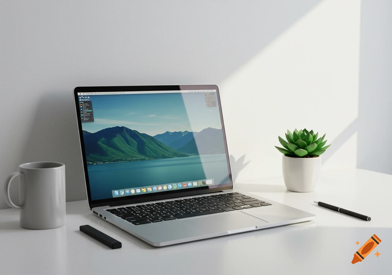 Photorealistic silver laptop on a white desk with a mountain and lake wallpaper, alongside a mug, succulent, and pen.