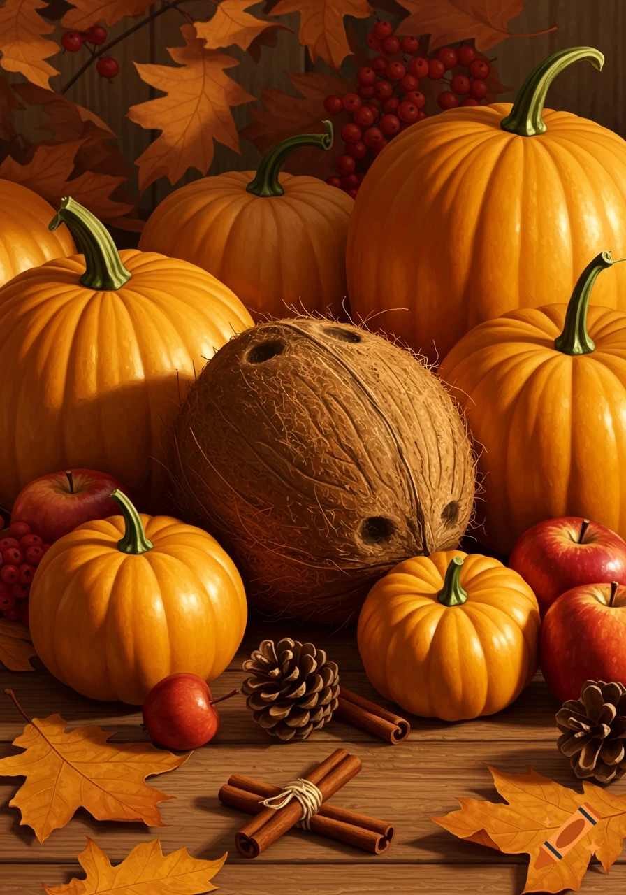 A photorealistic autumn still life with pumpkins, apples, a coconut, fall leaves, pinecones, and cinnamon sticks on a wooden surface.