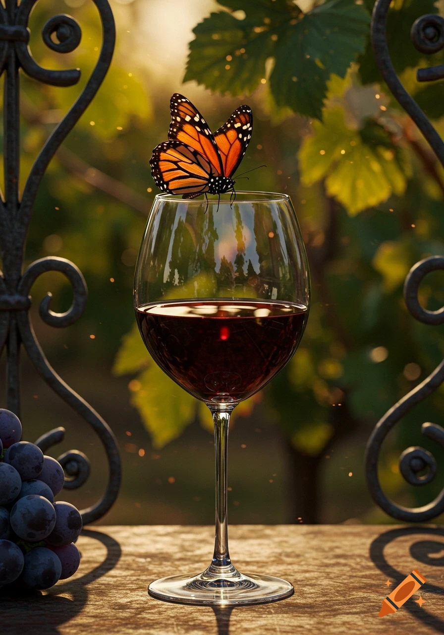 A monarch butterfly rests on the rim of a glass of red wine next to grapes, set on a wooden table with a sunlit vineyard in the background.