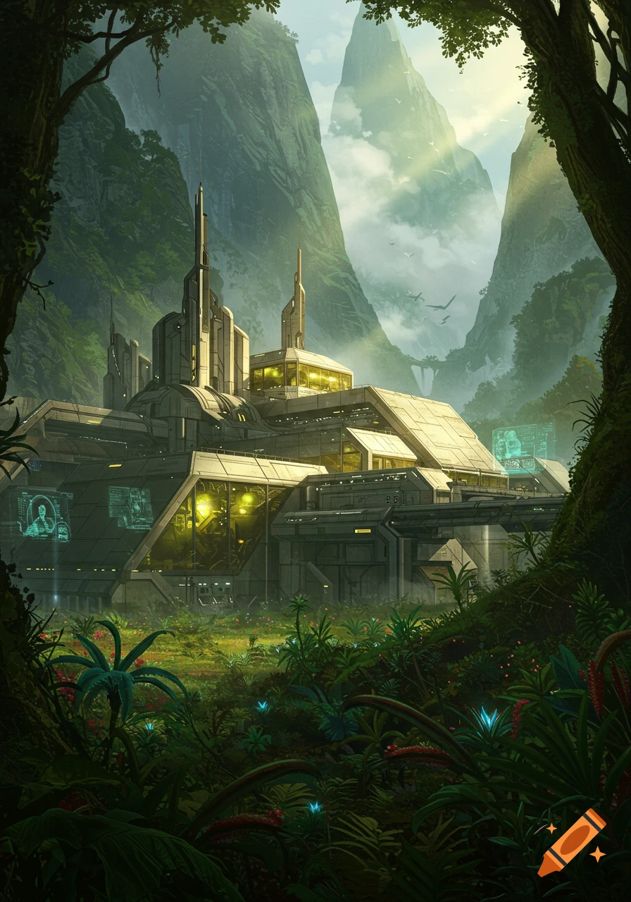 Futuristic facility nestled in a lush green jungle valley with towering mountains under a bright sky.