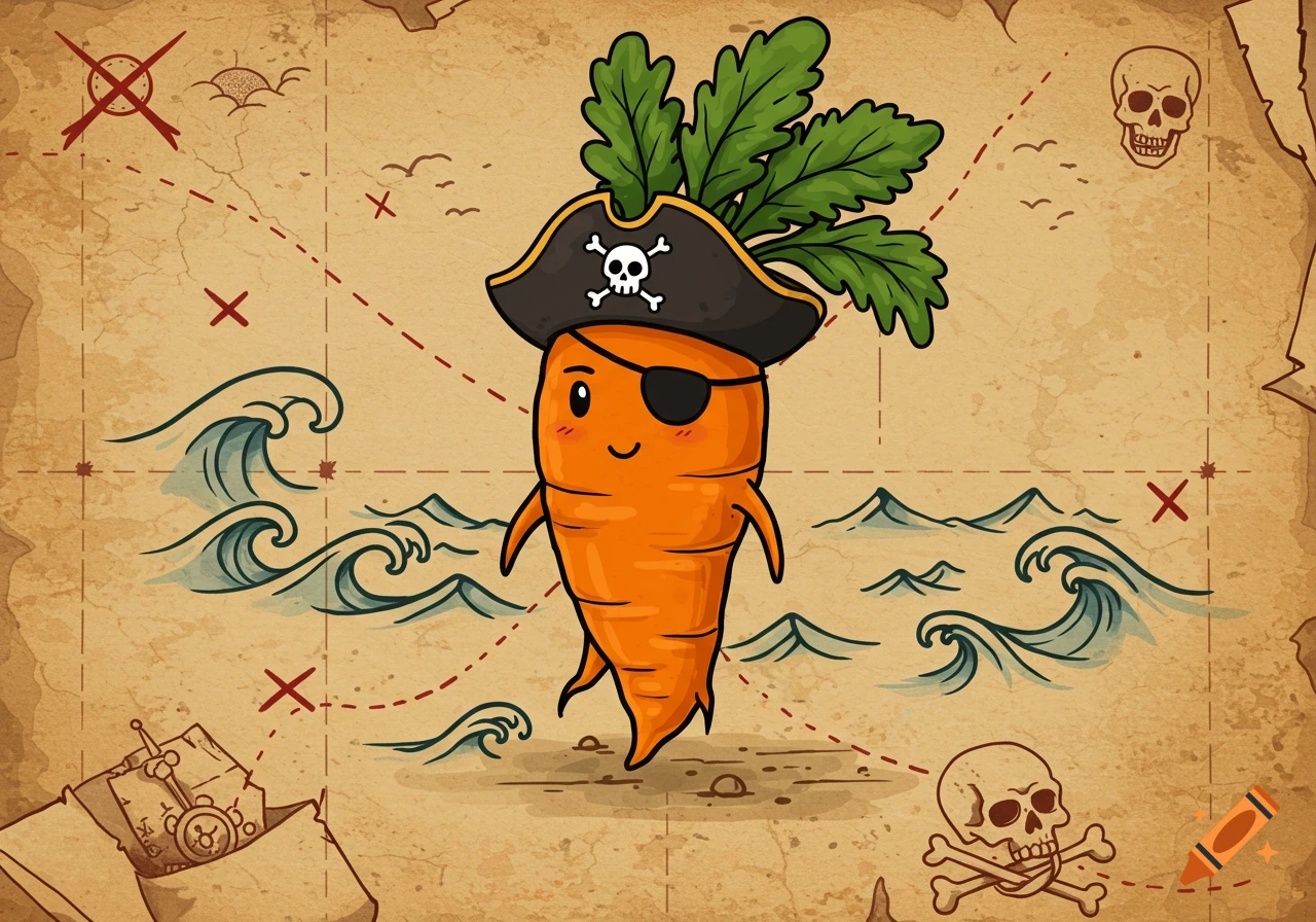 A cute cartoon pirate carrot with an eyepatch and hat on an antique treasure map with waves and skulls.