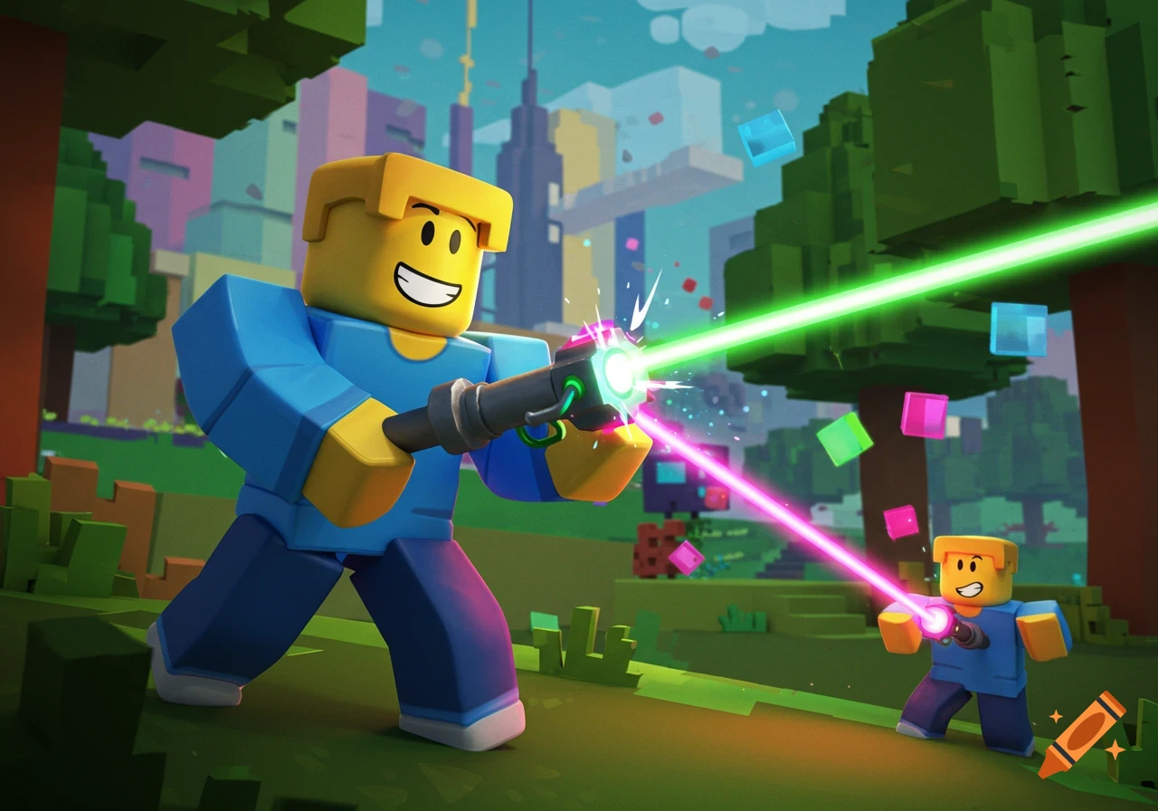 A large Roblox-style character shoots green and pink lasers at a smaller character in a colorful, blocky landscape.