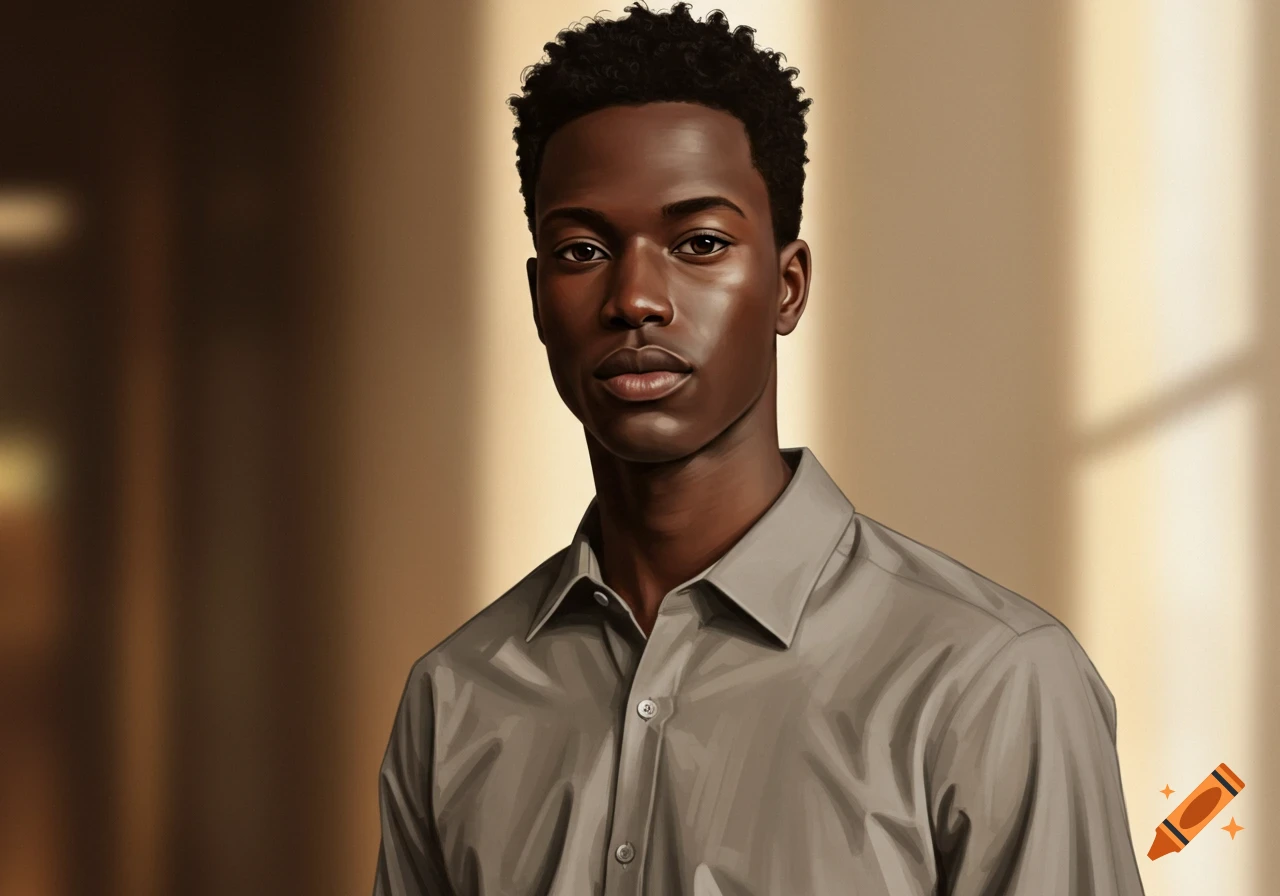 Digital painting of a young Black man with short curly hair wearing a gray collared shirt, looking directly at the viewer.