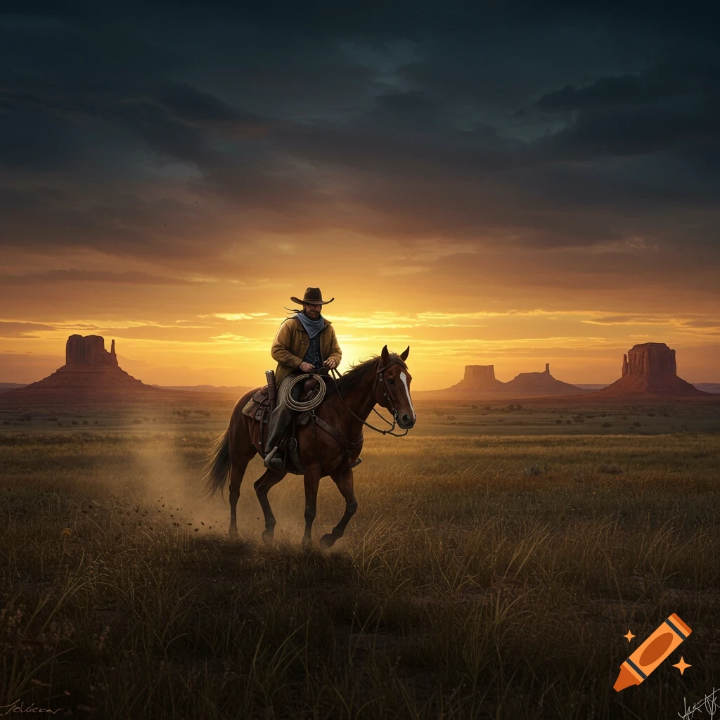 Photorealistic image of a cowboy on horseback riding through a grassy desert landscape at sunset, with mesas in the background.