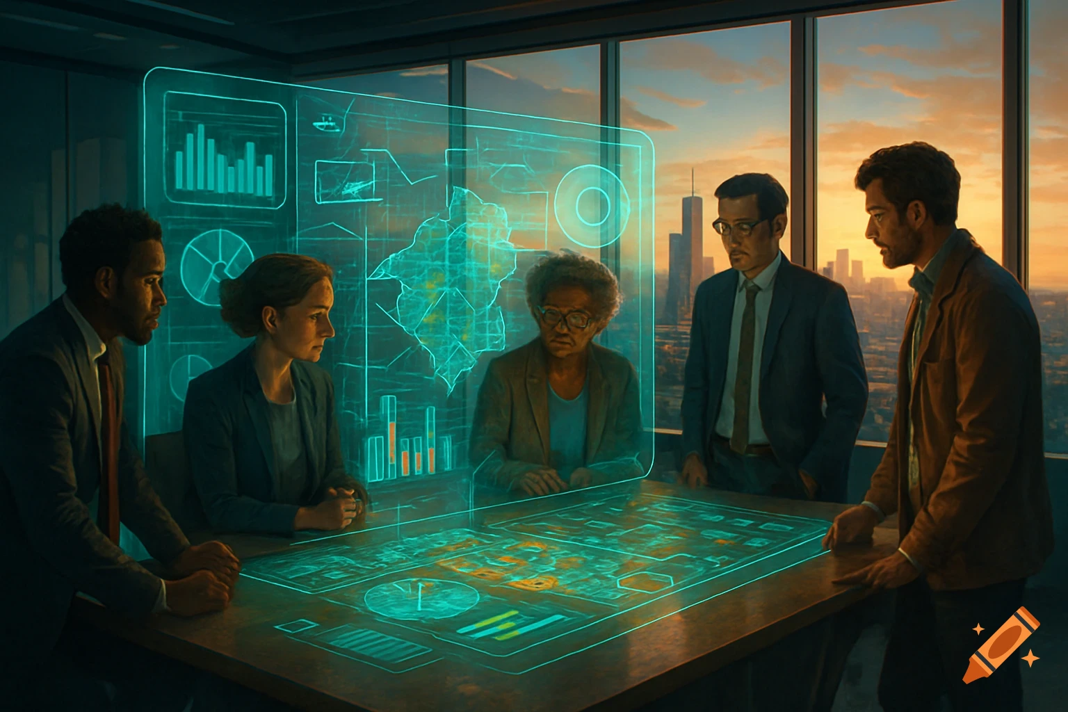 Five diverse professionals discussing holographic data visualizations in a futuristic office with a city sunset view.