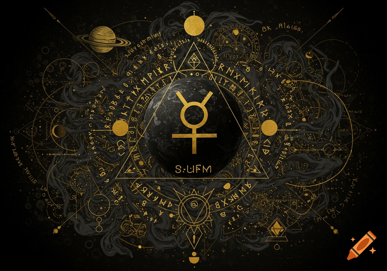 Intricate golden alchemical and astrological design on a dark background, featuring planets, geometric patterns, and symbols.