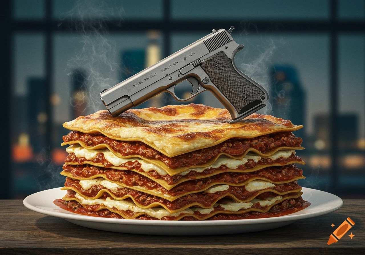A giant steaming lasagna with a photorealistic silver handgun resting on top, set against a blurred city background.