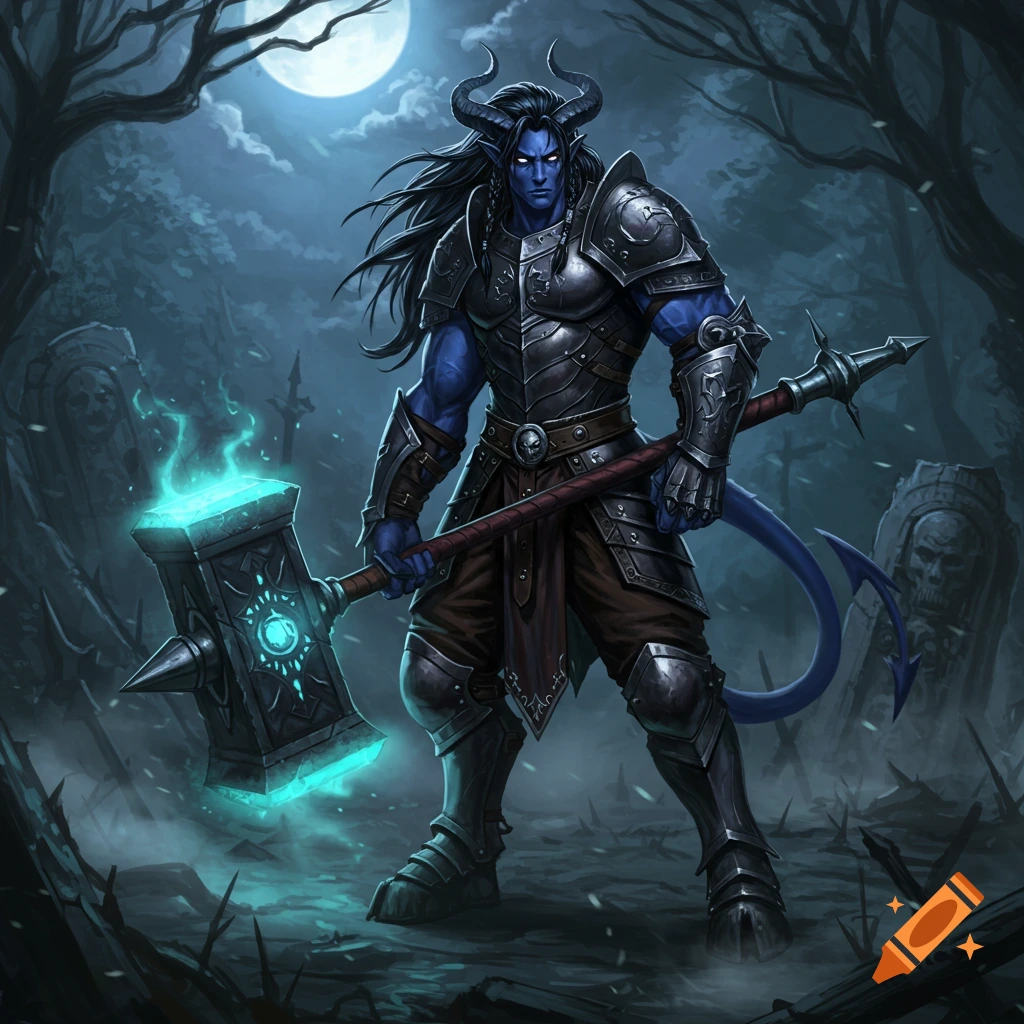 A blue-skinned Tiefling warrior in dark armor holds a glowing war hammer in a moonlit graveyard.