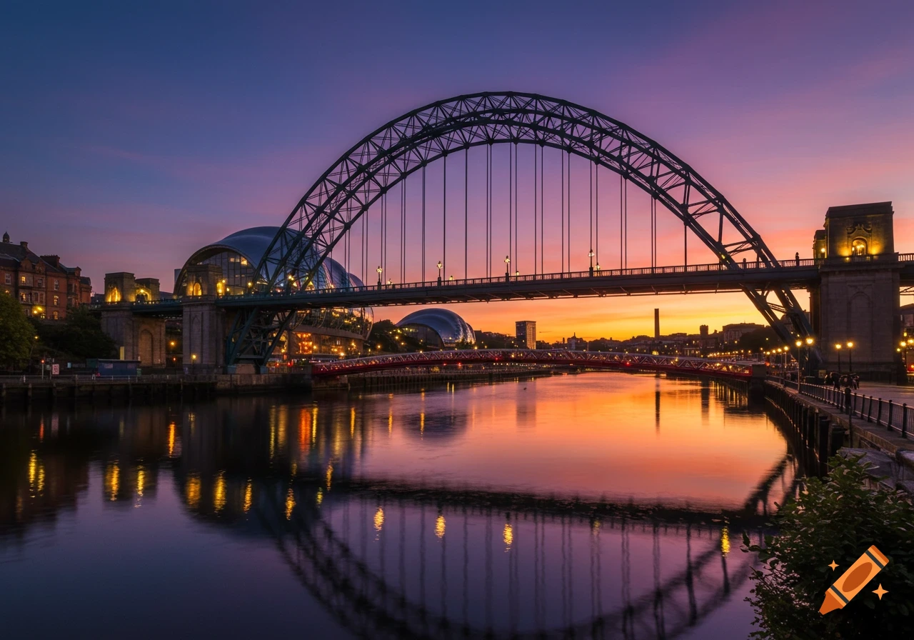 Photorealistic image of a city arch bridge over a river at dusk, with colorful sunset sky and city lights reflecting on the water.