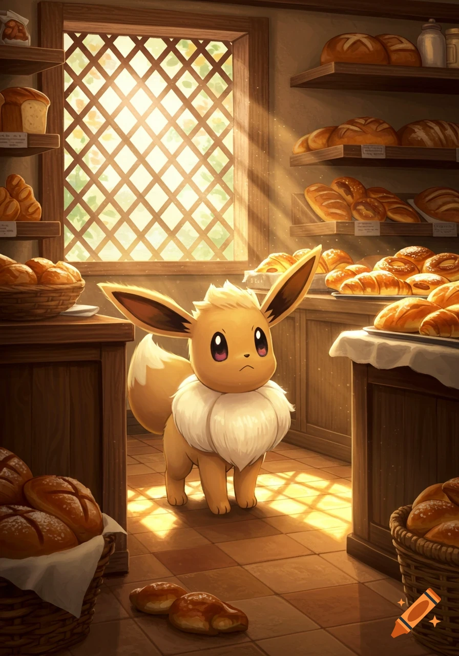 Eevee standing in a warm, sunlit bakery filled with various baked goods on shelves and in baskets, in a charming illustration style.