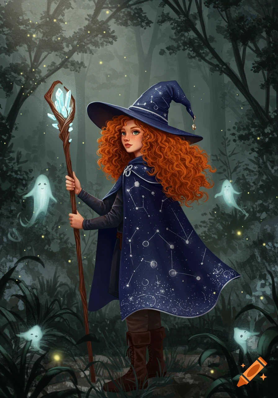 A red-haired witch in a blue hat and cape with constellations holds a crystal staff in a magical forest with glowing spirits.