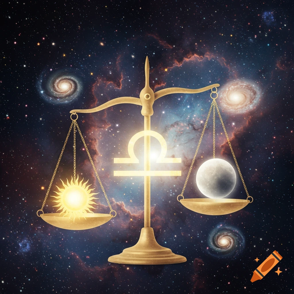 A golden Libra scale balances a glowing sun and moon against a starry galaxy background with a prominent Libra symbol.