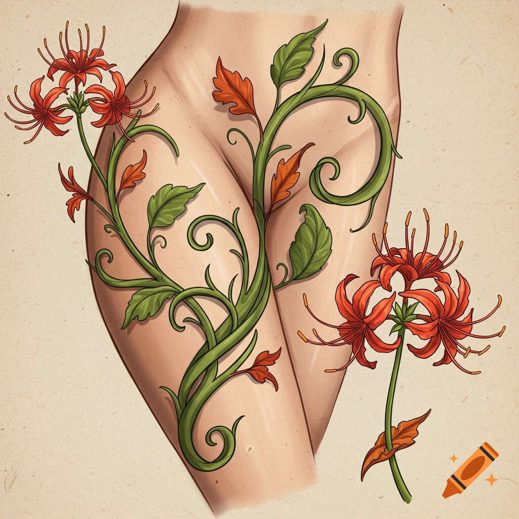 A stylized illustration of a person's lower torso and upper thighs, adorned with vibrant red spider lilies and green twisting vines against a textured beige background.