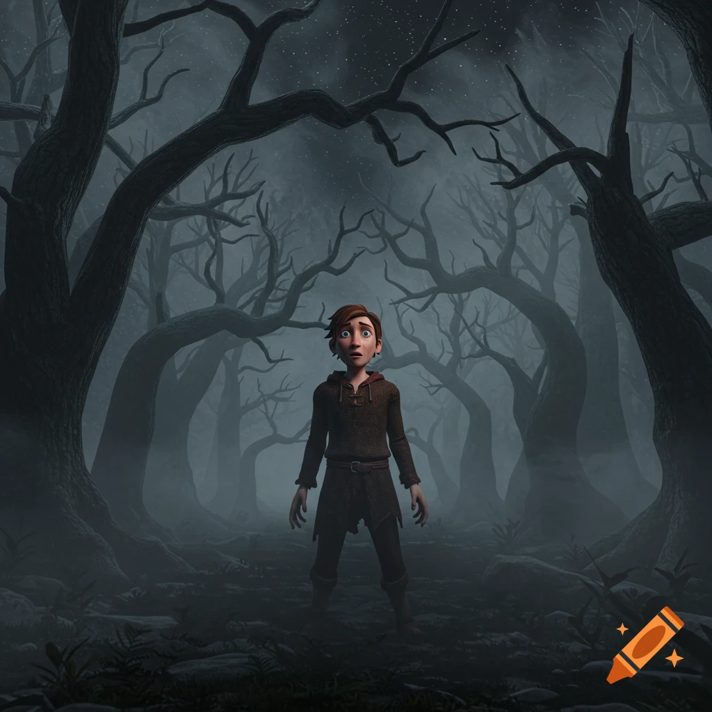A frightened 3D animated character with wide eyes stands in a dark, foggy, twisted forest at night under faint moonlight.